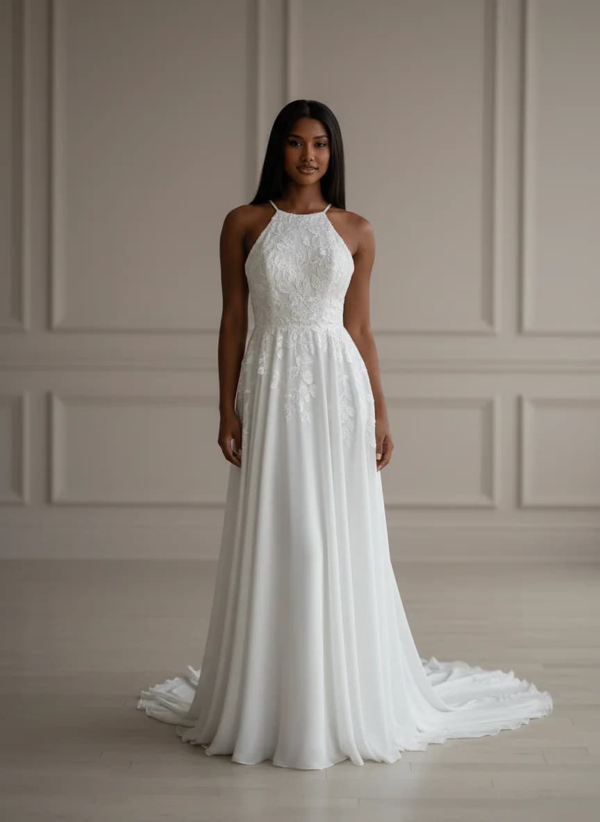 Empire Waist dress with Chapel Train and Halter neckline