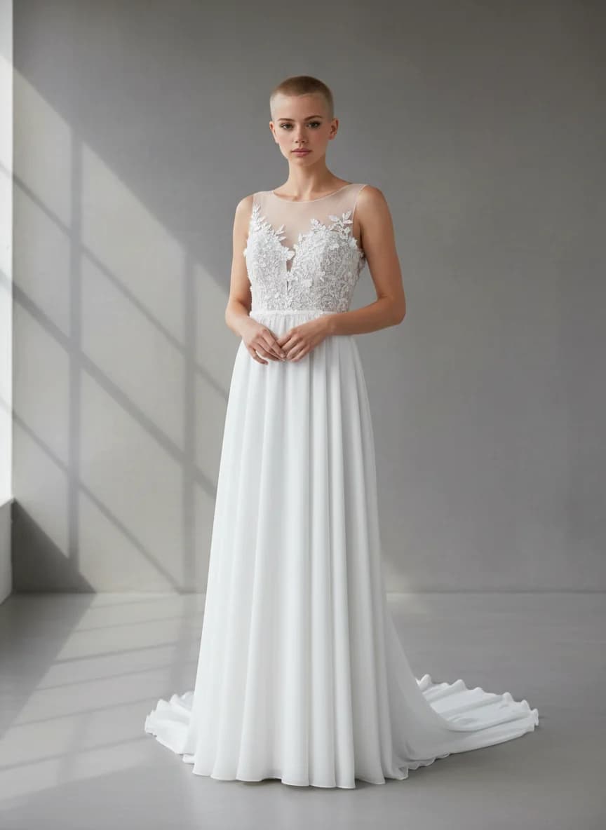 Empire Waist dress with Chapel Train and Illusion neckline