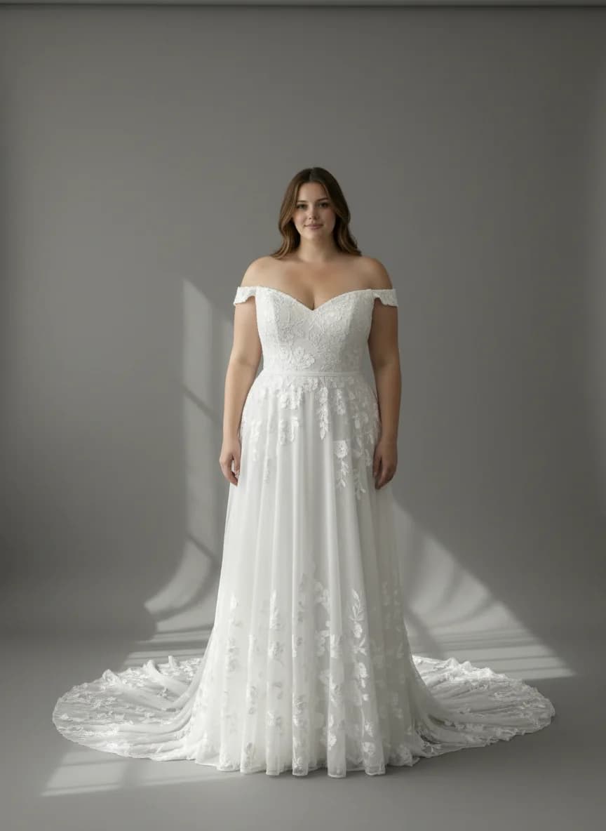 Empire Waist dress with Chapel Train and Off Shoulder neckline