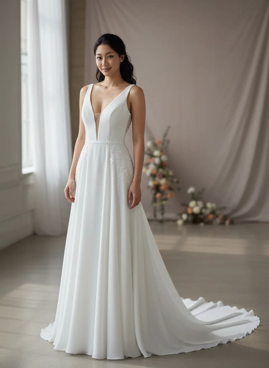 Empire Waist dress with Chapel Train and Plunge neckline