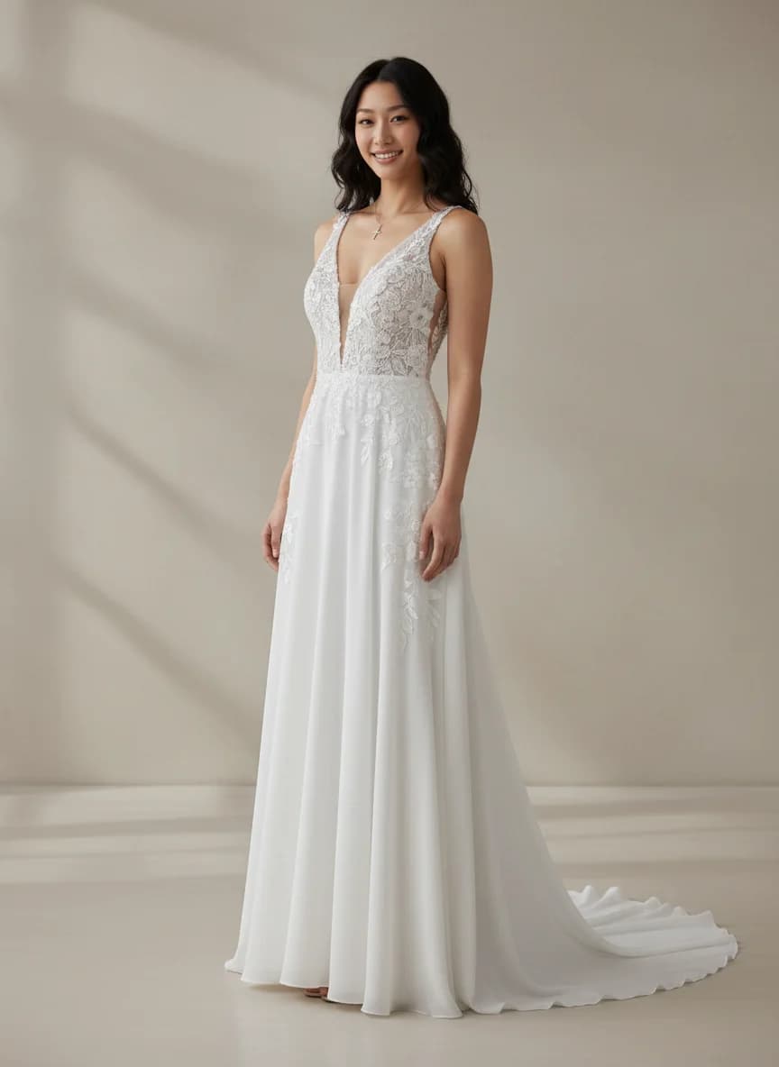 Empire Waist dress with Sweep Train and Plunge neckline