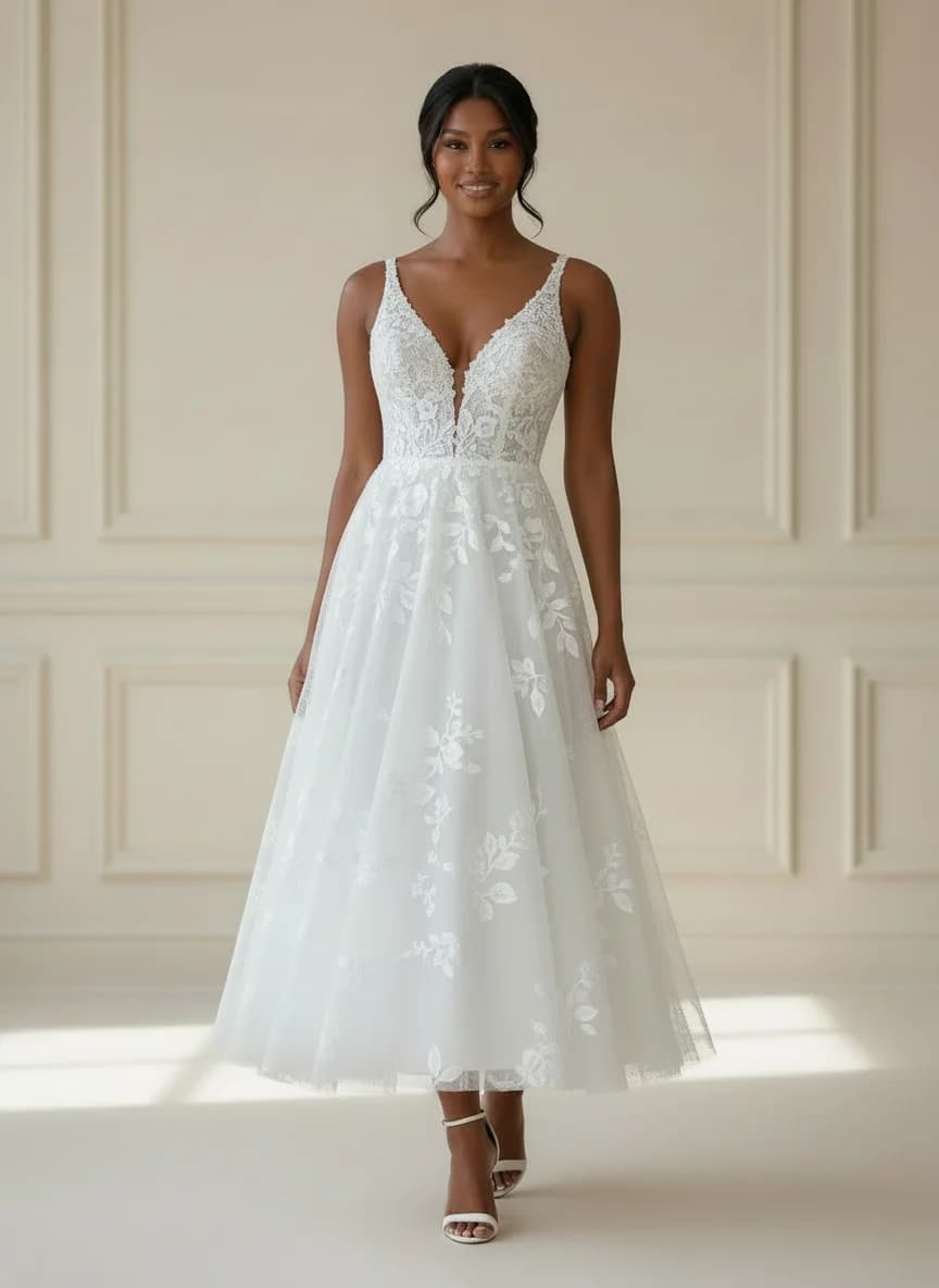 Empire Waist dress with Tea Length and V-Neck neckline