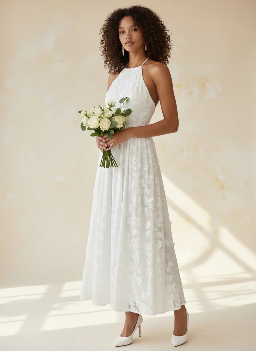 Empire Waist dress with Tea Length and Halter neckline