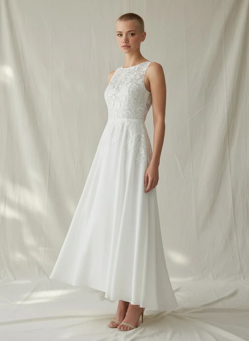 Empire Waist dress with Tea Length and High Neckline neckline