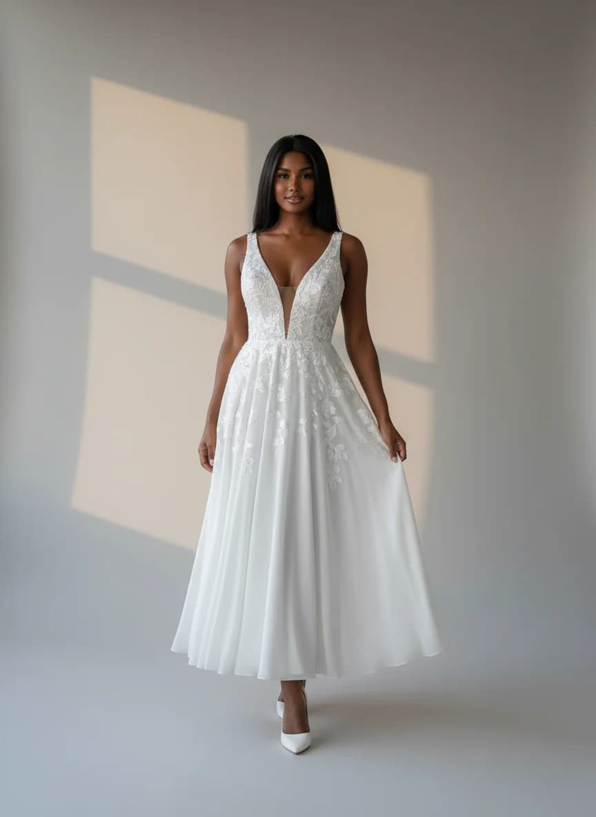 Empire Waist dress with Tea Length and Plunge neckline