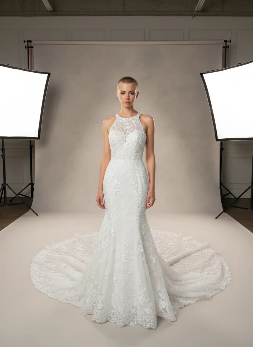 Fit & Flare dress with Cathedral Train and Halter neckline