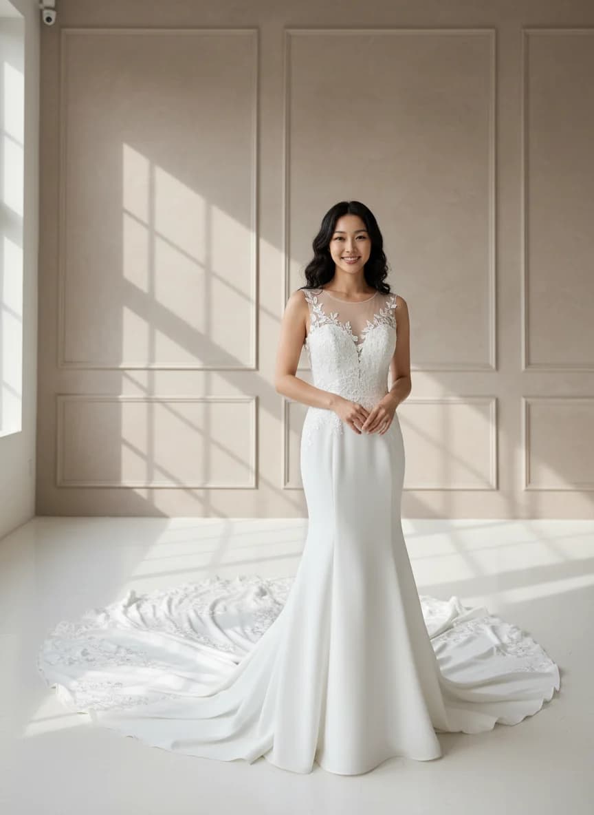 Fit & Flare dress with Cathedral Train and Illusion neckline