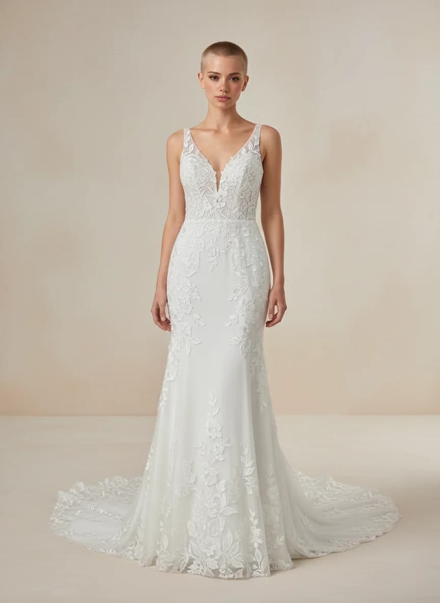 Fit & Flare dress with Chapel Train and V-Neck neckline