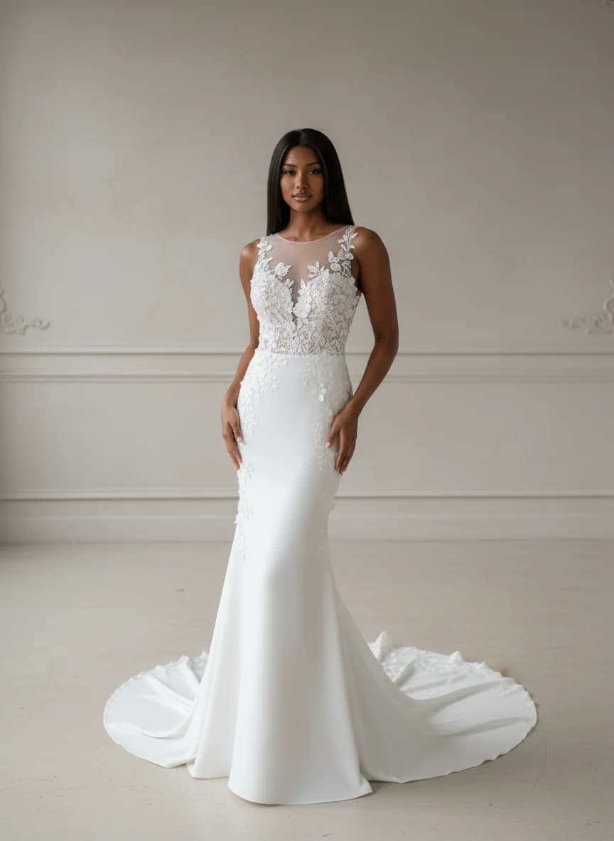 Fit & Flare dress with Chapel Train and Illusion neckline