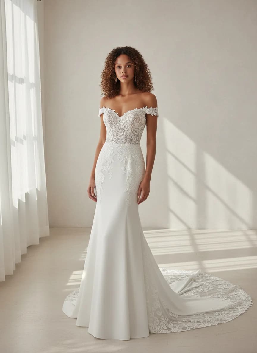 Fit & Flare dress with Chapel Train and Off Shoulder neckline