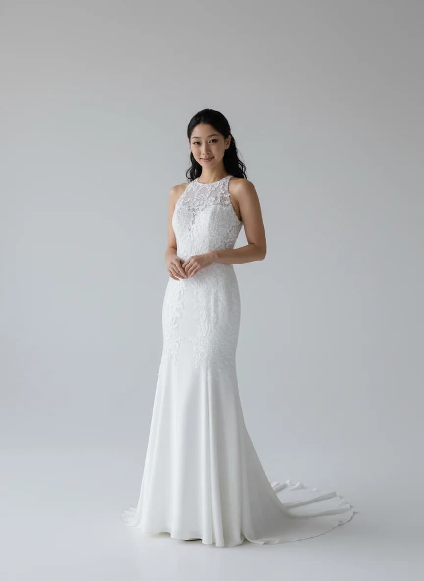 Fit & Flare dress with Sweep Train and High Neckline neckline