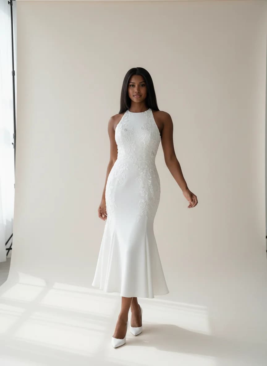 Fit & Flare dress with Tea Length and High Neckline neckline