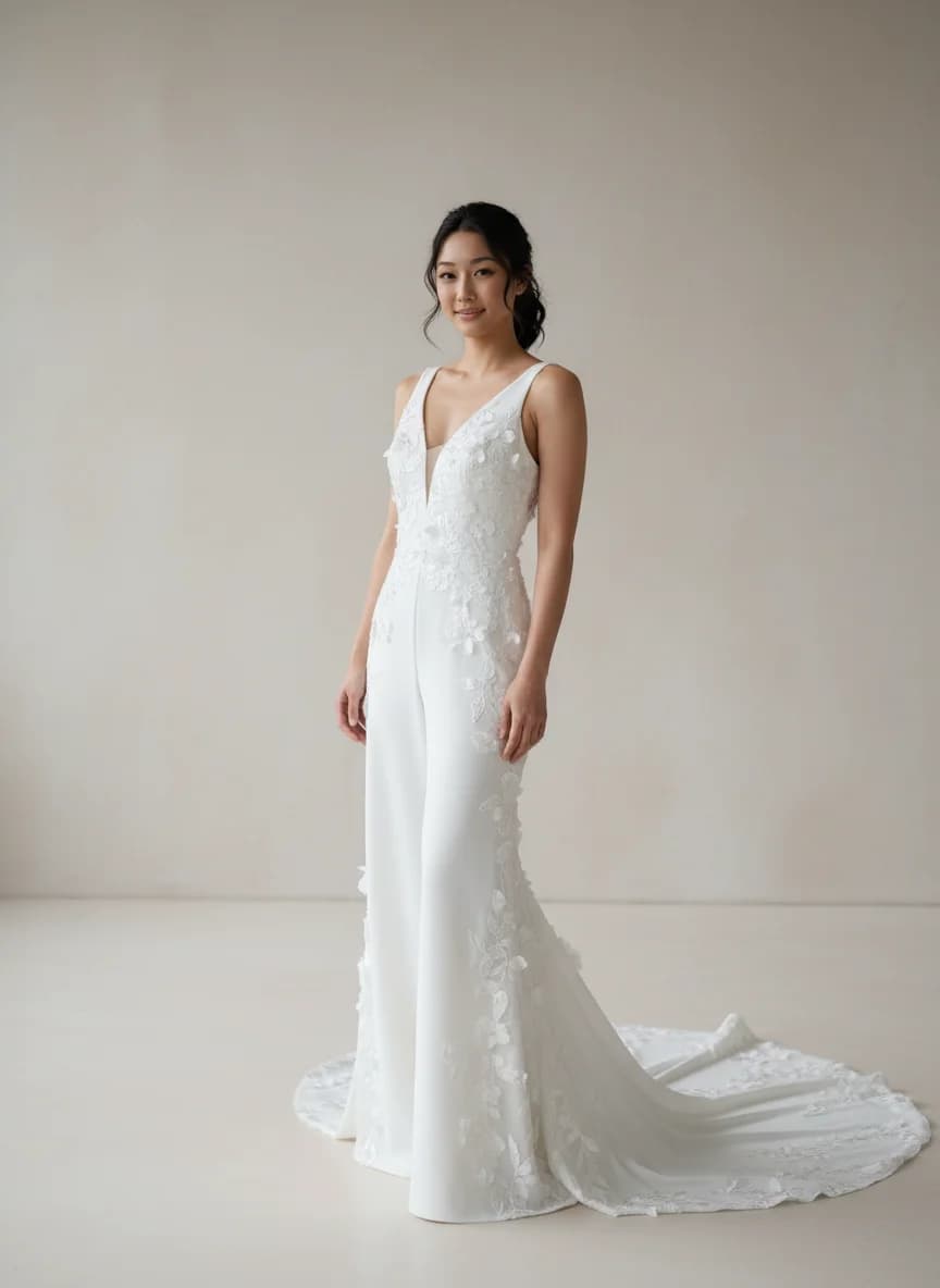 Jumpsuit dress with Chapel Train and V-Neck neckline