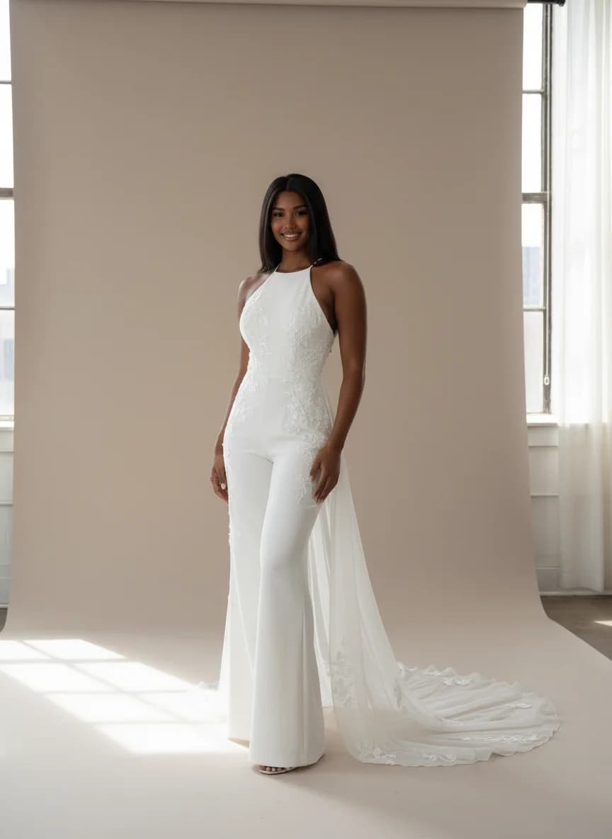 Jumpsuit dress with Chapel Train and Halter neckline