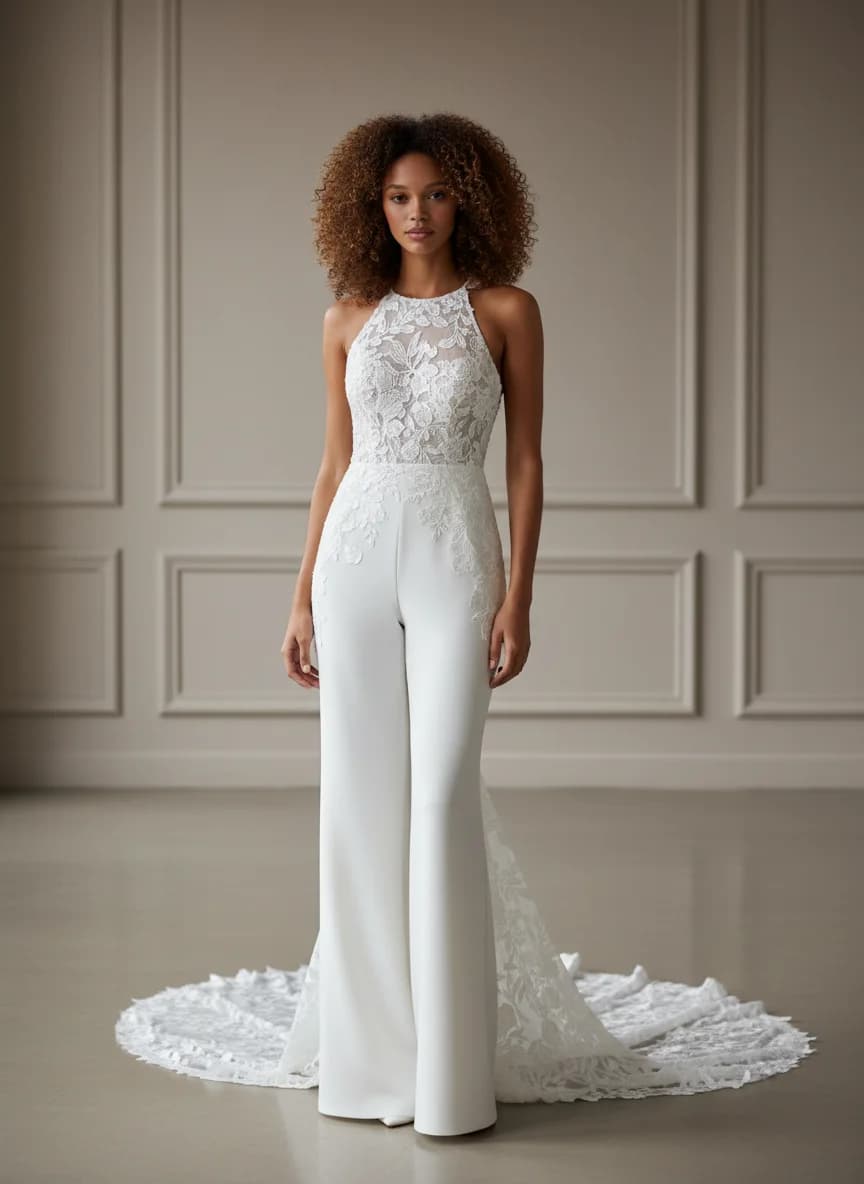 Jumpsuit dress with Chapel Train and High Neckline neckline