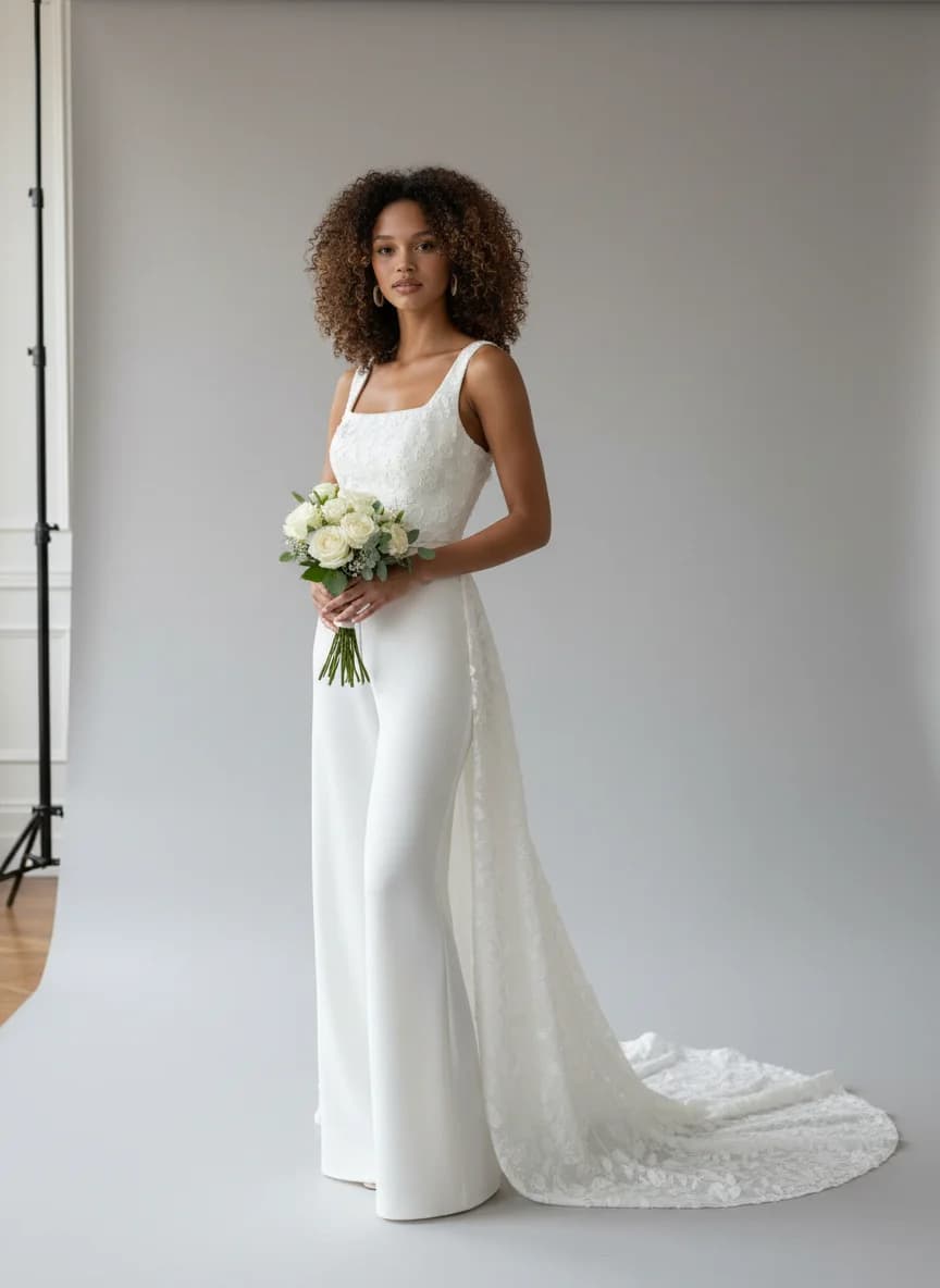 Jumpsuit dress with Chapel Train and Square neckline