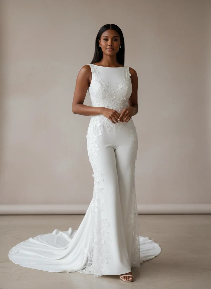 Jumpsuit dress with Sweep Train and Boat Neck neckline