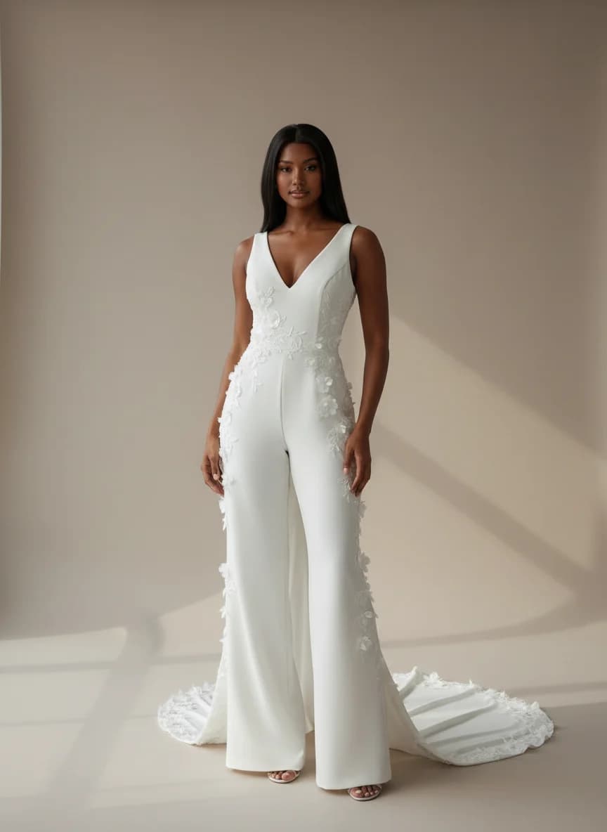 Jumpsuit dress with Sweep Train and V-Neck neckline