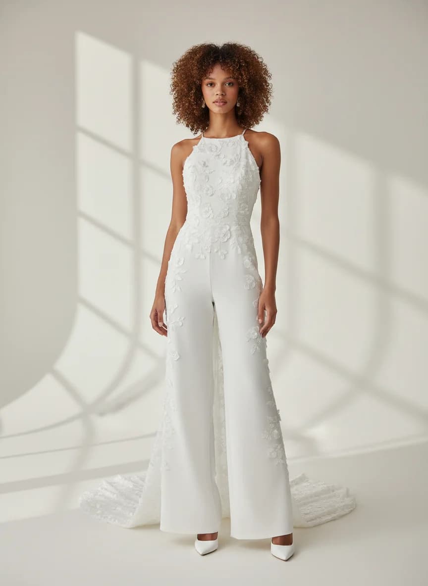 Jumpsuit dress with Sweep Train and Halter neckline