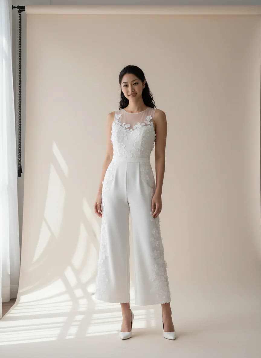 Jumpsuit dress with Tea Length and Illusion neckline