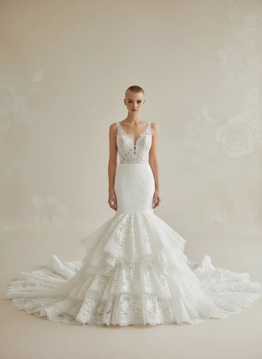 Mermaid dress with Cathedral Train and V-Neck neckline