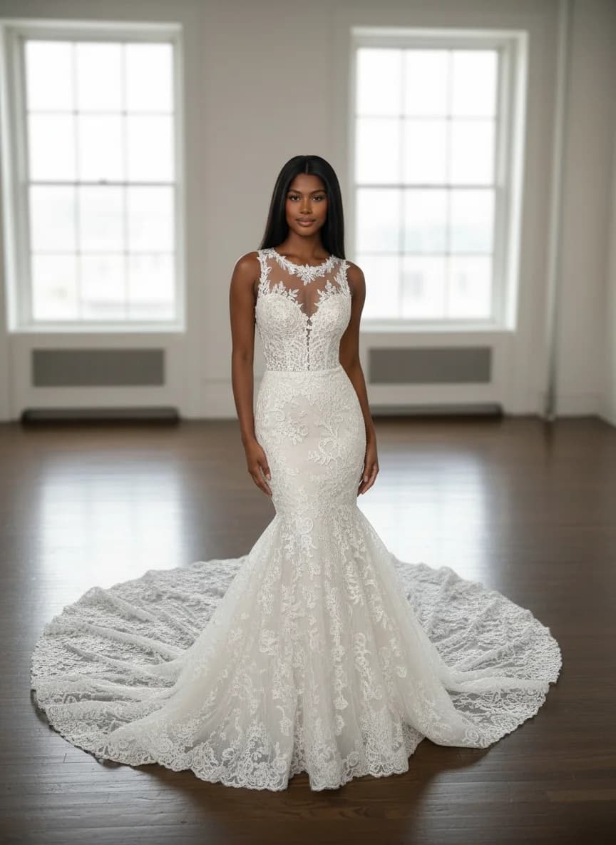 Mermaid dress with Cathedral Train and Illusion neckline