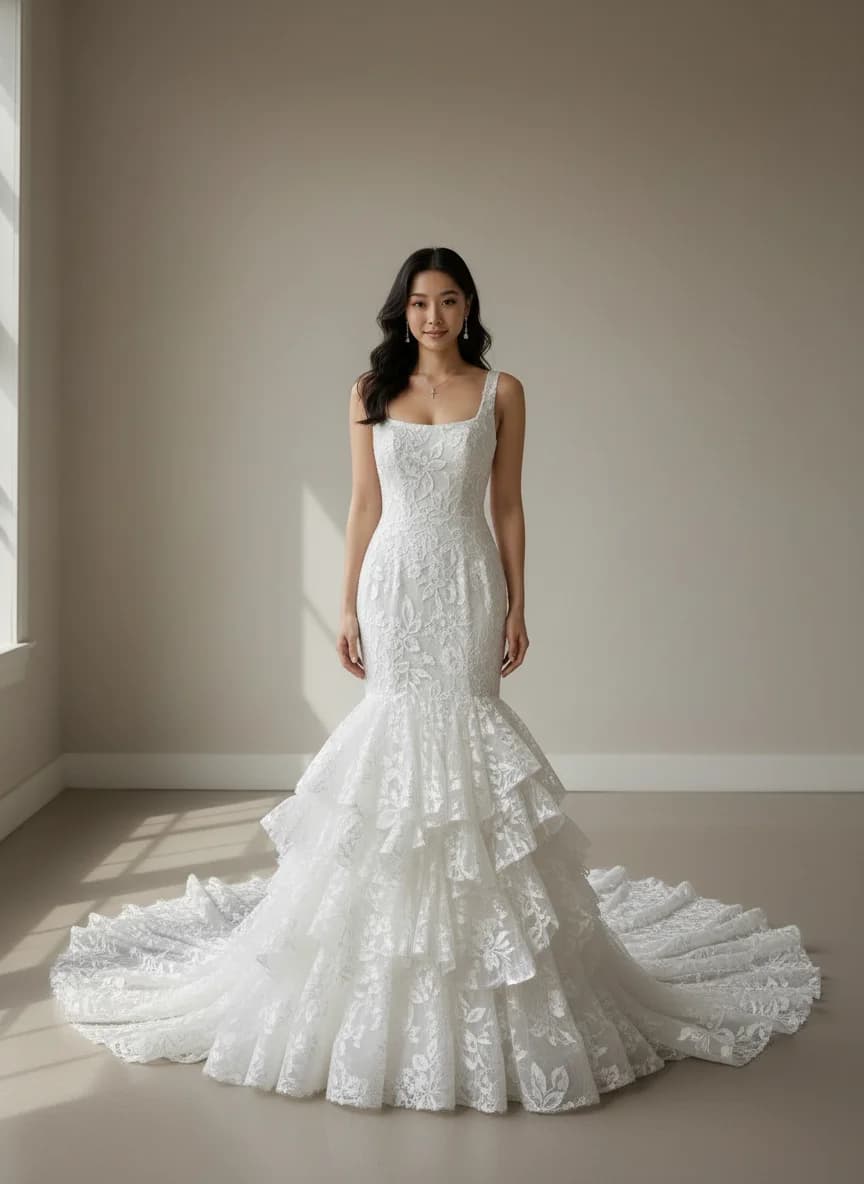 Mermaid dress with Cathedral Train and Square neckline