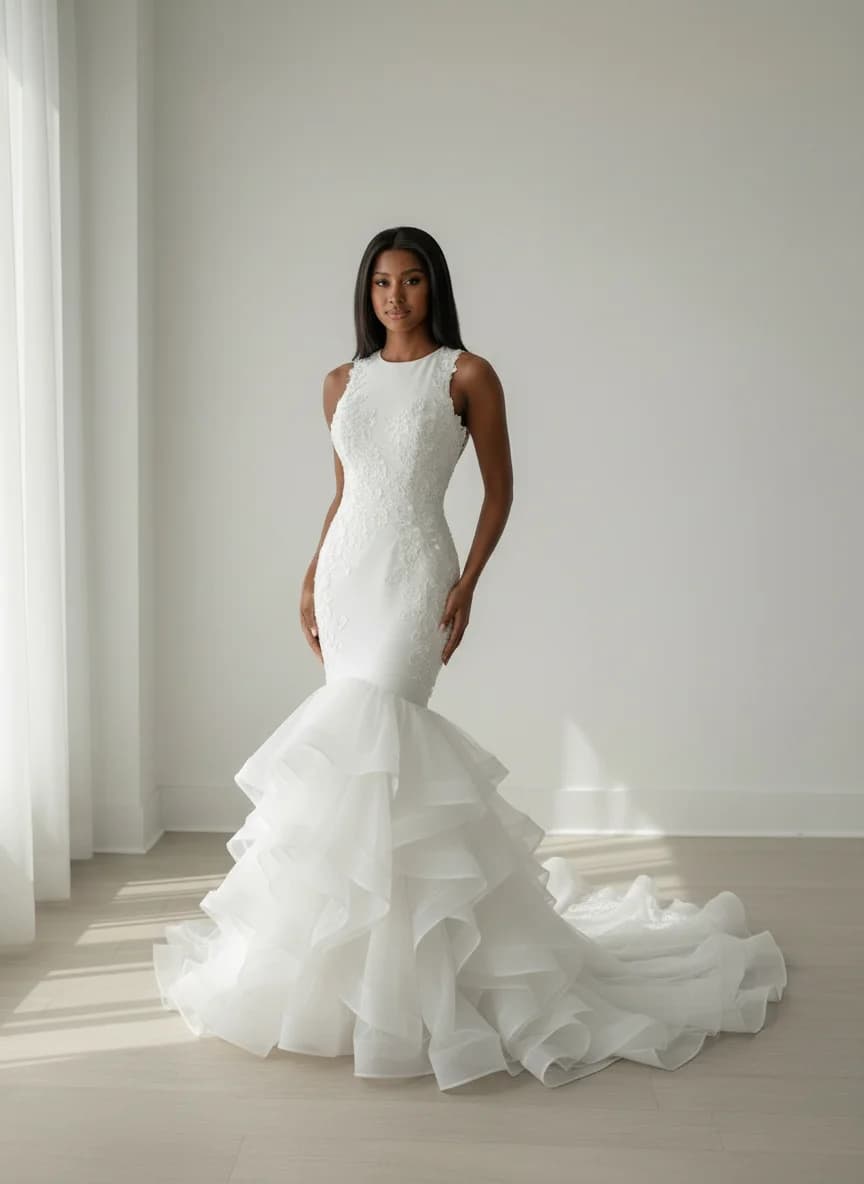 Mermaid dress with Chapel Train and High Neckline neckline