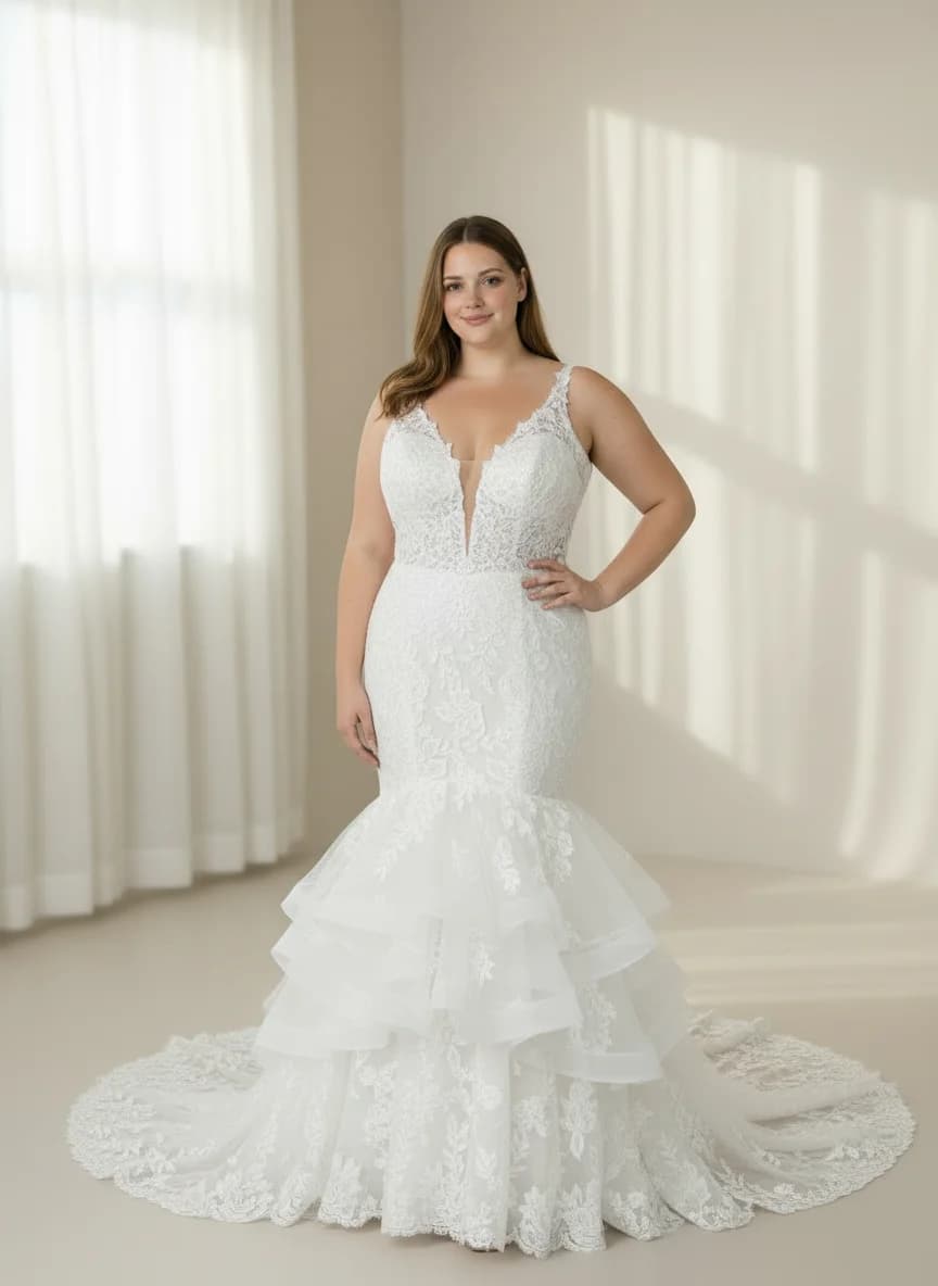 Mermaid dress with Chapel Train and Plunge neckline