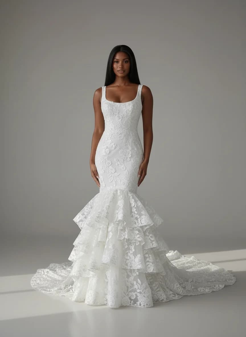 Mermaid dress with Chapel Train and Square neckline