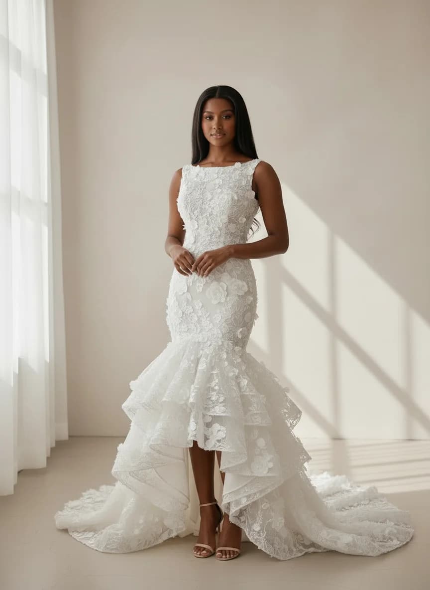 Mermaid dress with High-Low and Boat Neck neckline