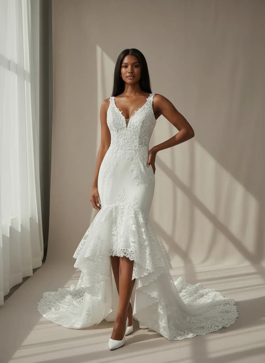 Mermaid dress with High-Low and V-Neck neckline