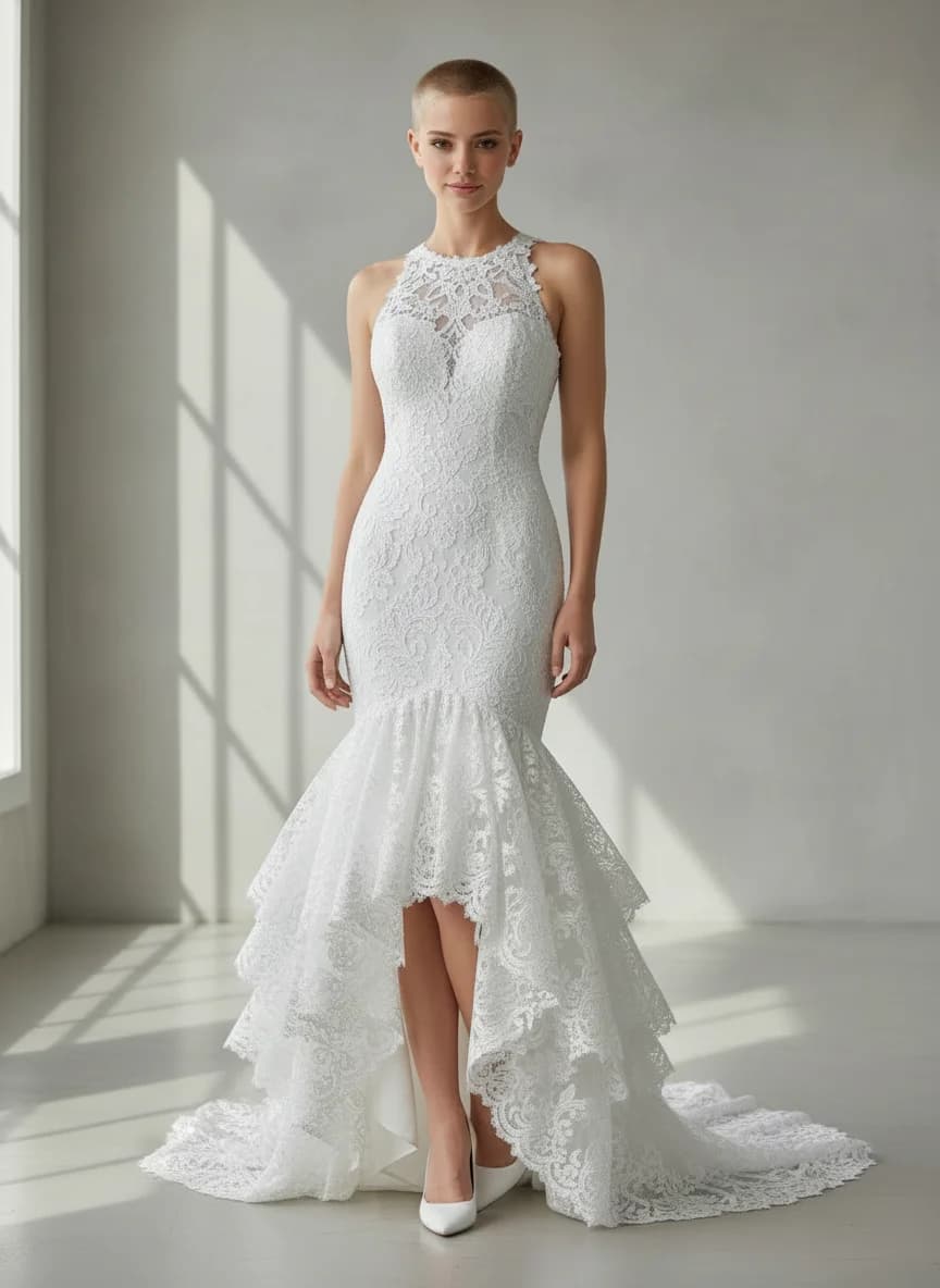 Mermaid dress with High-Low and High Neckline neckline