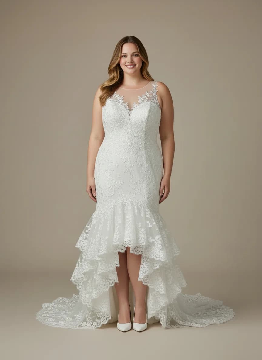 Mermaid dress with High-Low and Illusion neckline