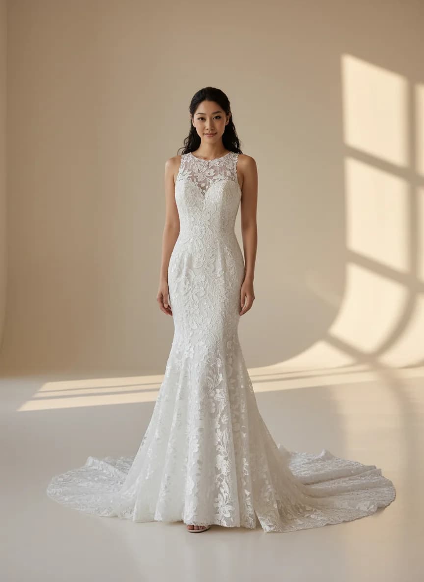 Mermaid dress with Sweep Train and High Neckline neckline