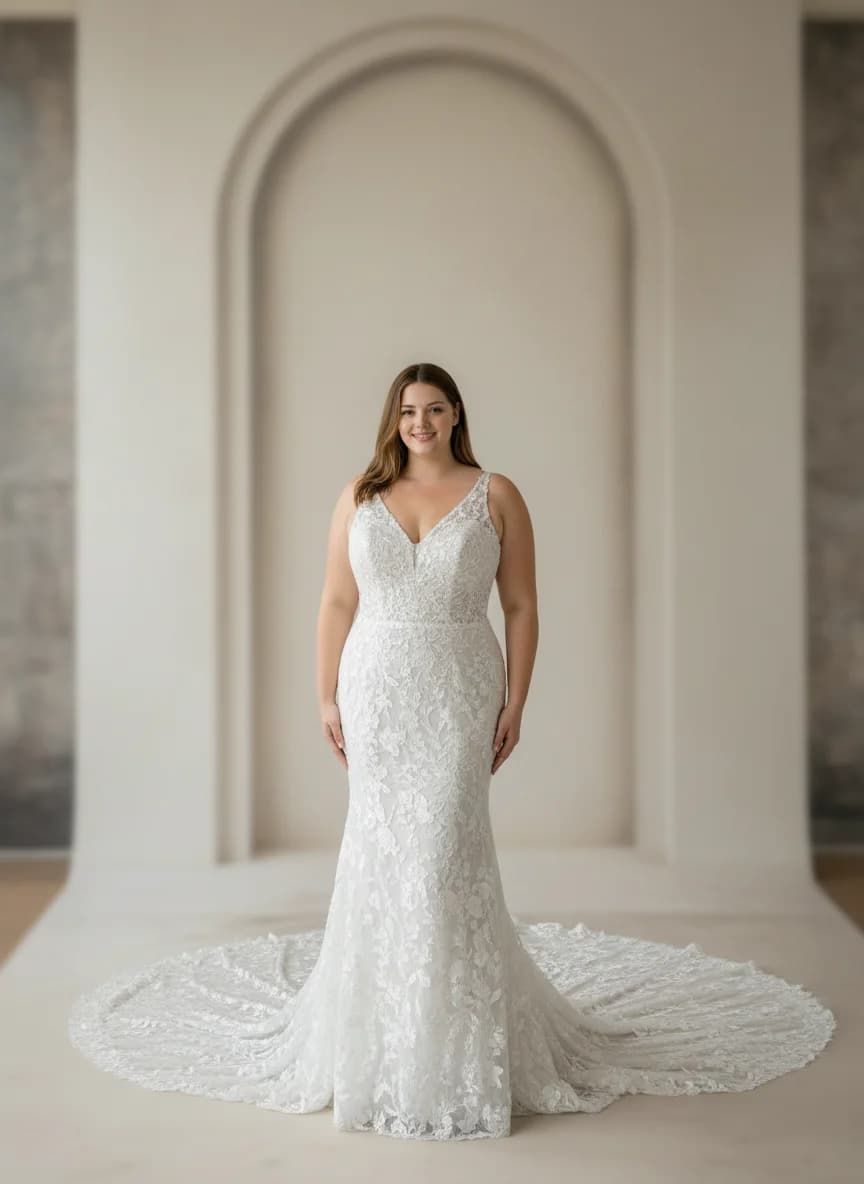 Sheath dress with Cathedral Train and V-Neck neckline