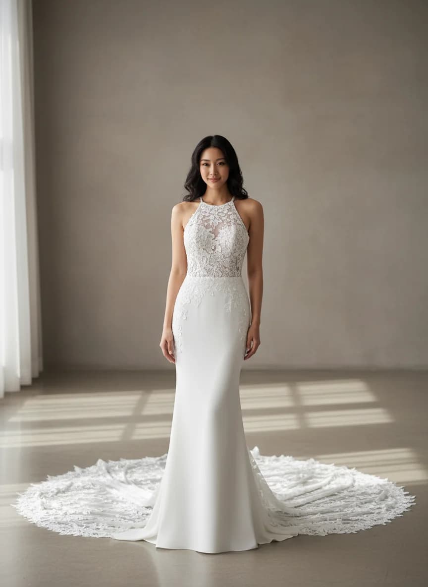 Sheath dress with Cathedral Train and Halter neckline