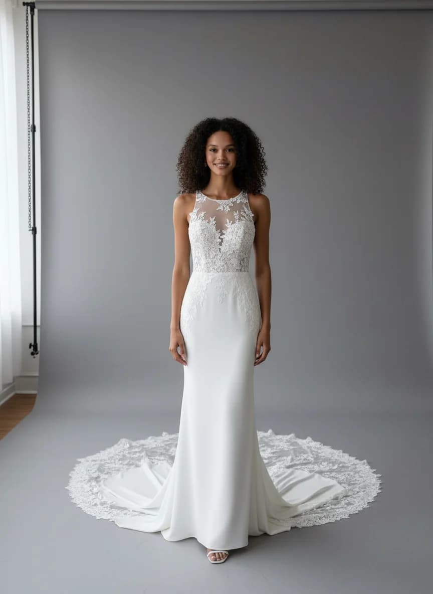 Sheath dress with Cathedral Train and Illusion neckline