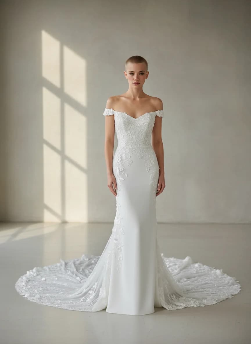 Sheath dress with Cathedral Train and Off Shoulder neckline