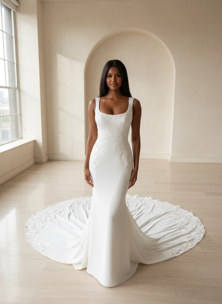 Sheath dress with Cathedral Train and Square neckline