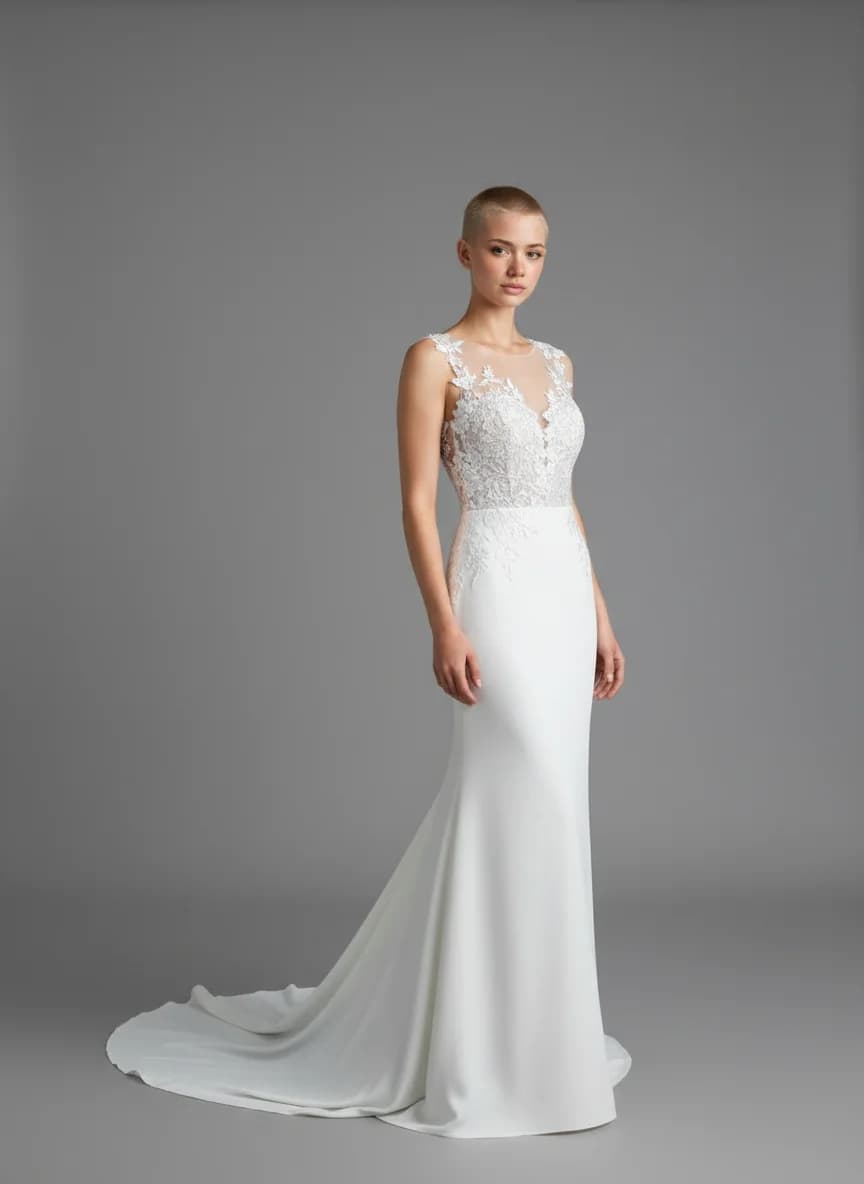 Sheath dress with Chapel Train and Illusion neckline