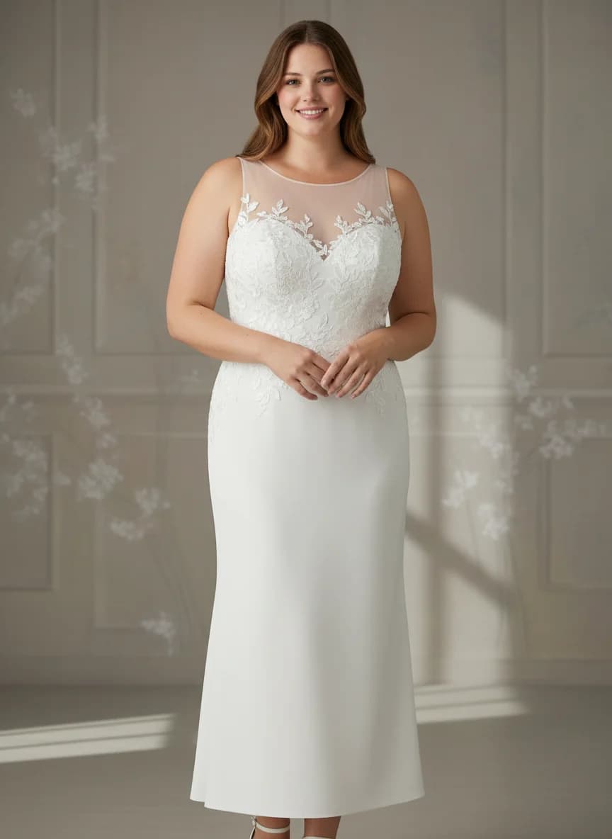 Sheath dress with Tea Length and Illusion neckline