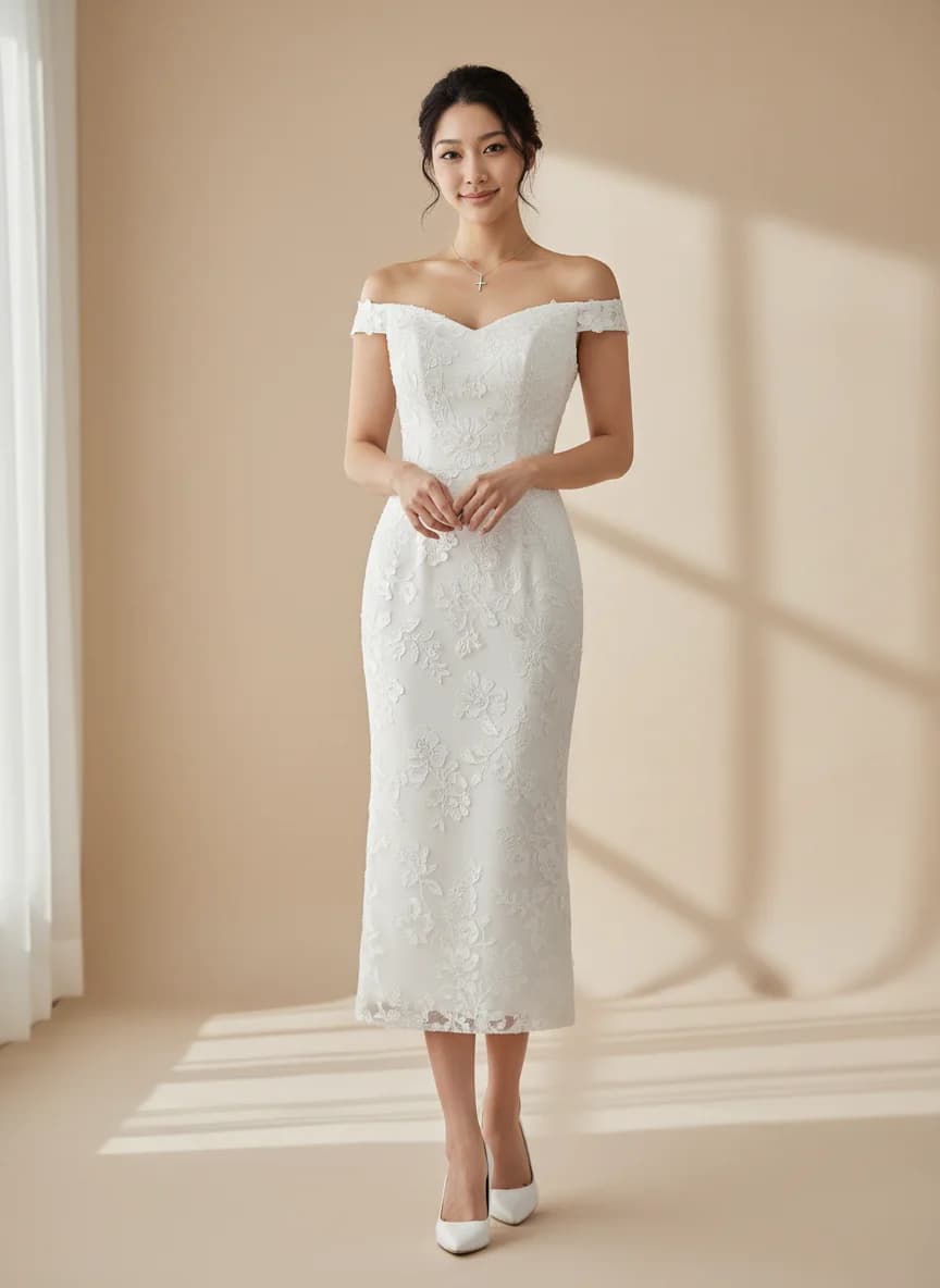Sheath dress with Tea Length and Off Shoulder neckline