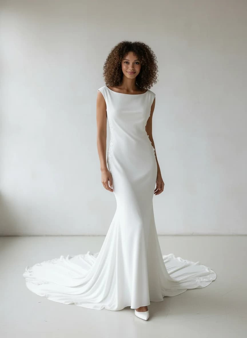 Slip dress with Cathedral Train and Boat Neck neckline