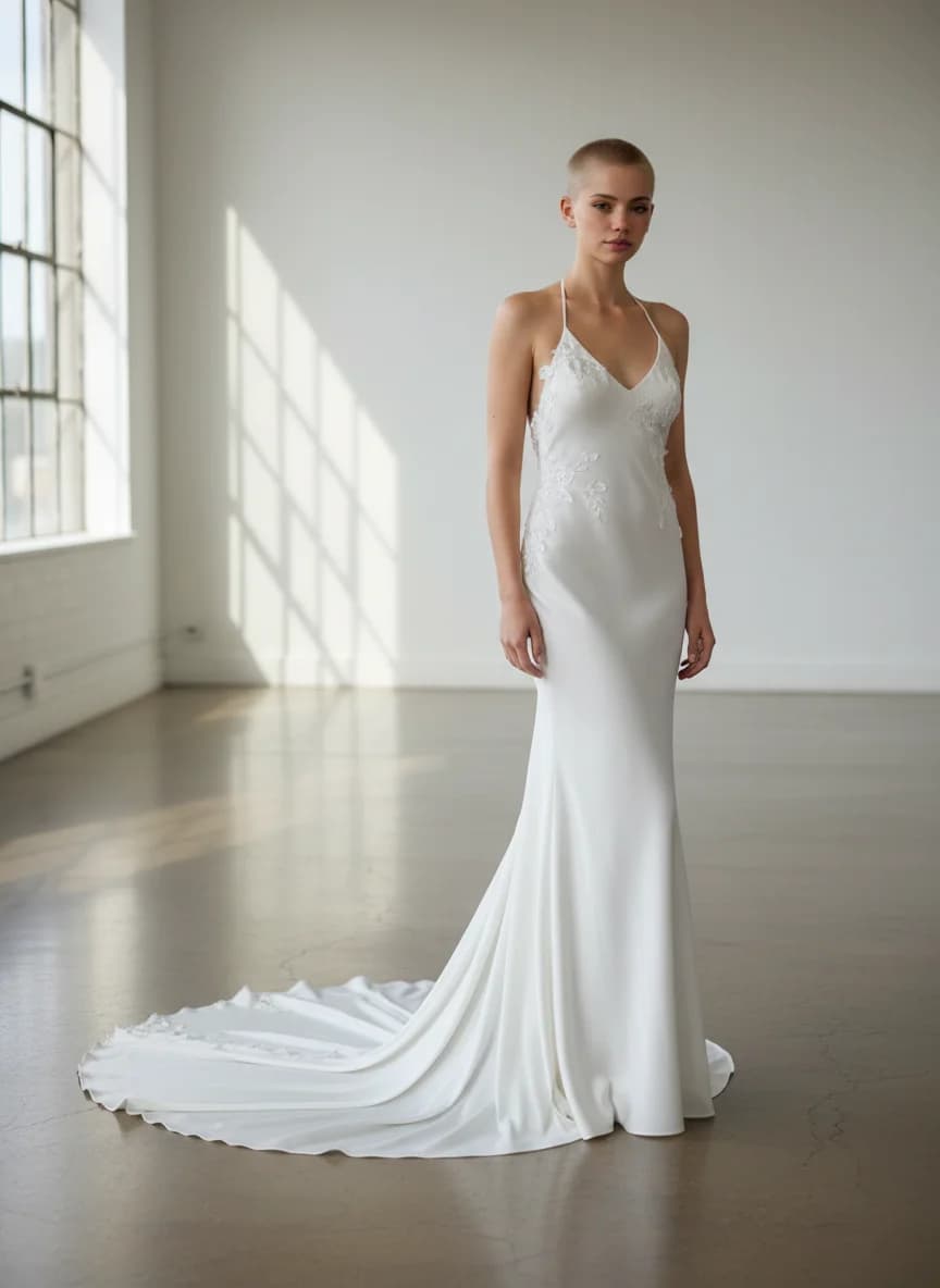 Slip dress with Cathedral Train and Halter neckline