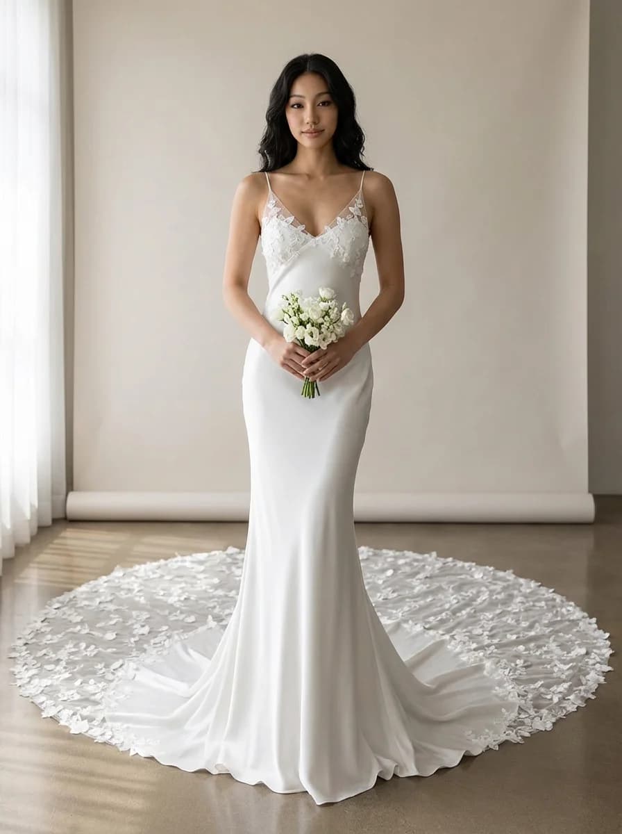 Slip dress with Cathedral Train and Illusion neckline