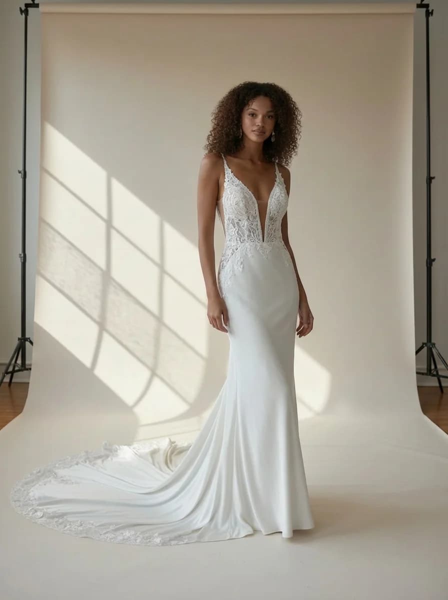 Slip dress with Cathedral Train and Plunge neckline