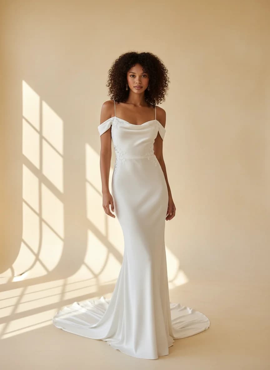 Slip dress with Chapel Train and Off Shoulder neckline