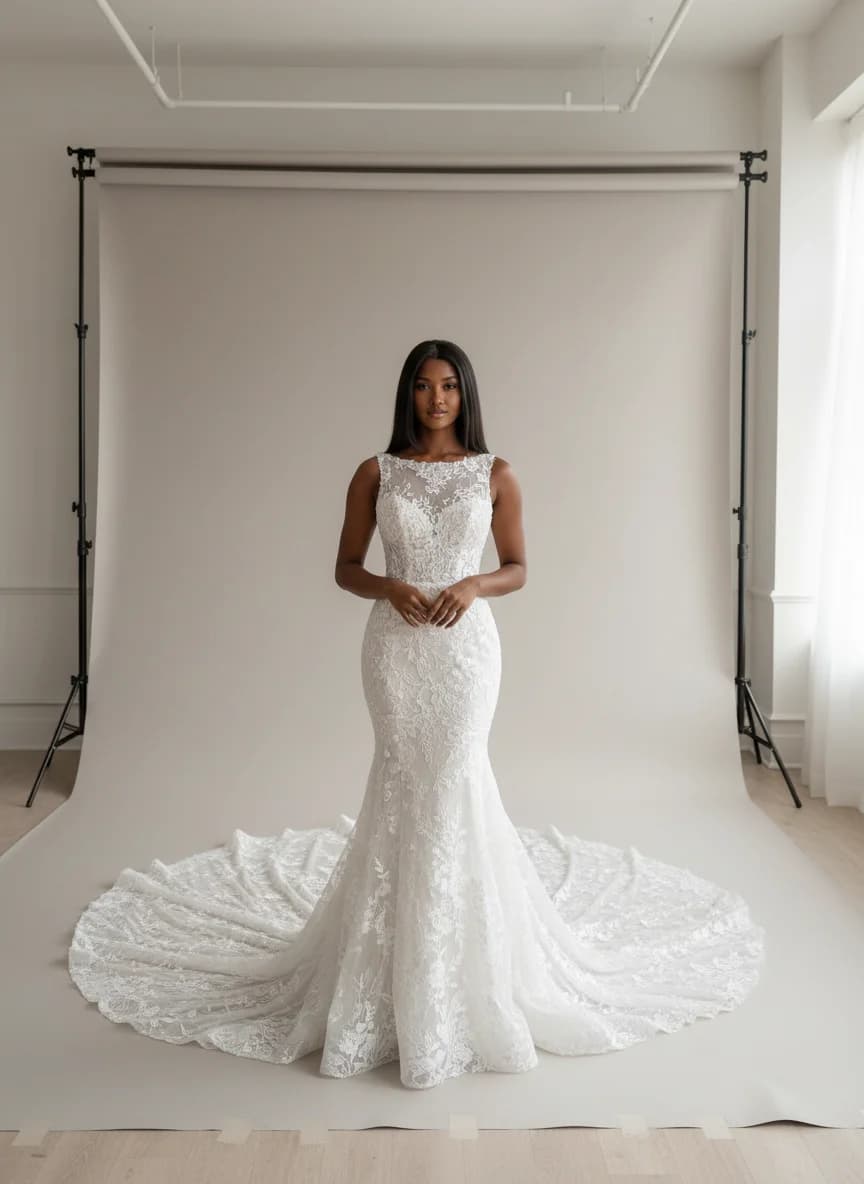 Trumpet dress with Cathedral Train and Boat Neck neckline