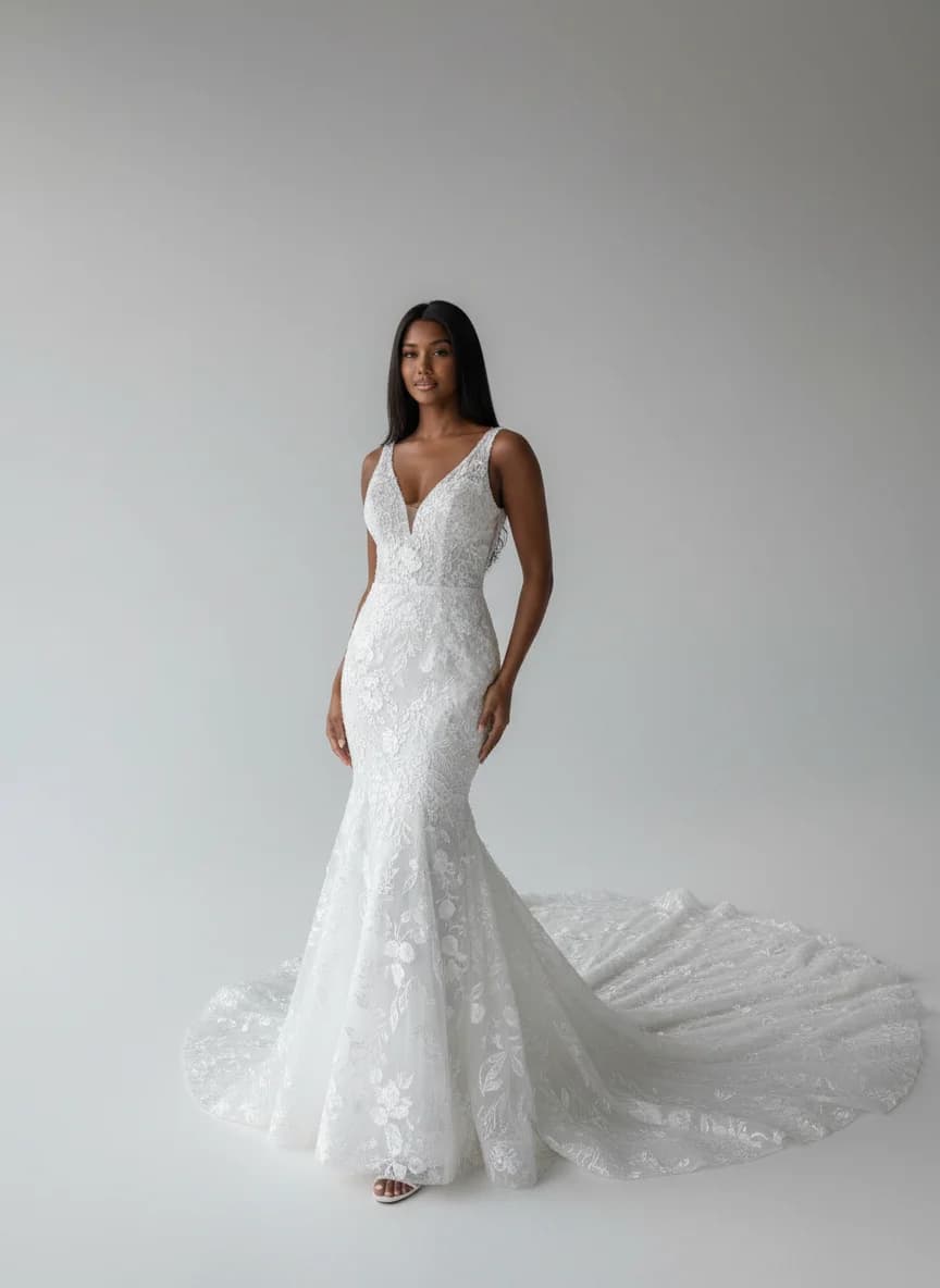 Trumpet dress with Cathedral Train and V-Neck neckline